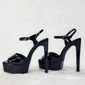 Gwen Black Patent Platform Open Toe 6" Stiletto High Heel Shoes NEW